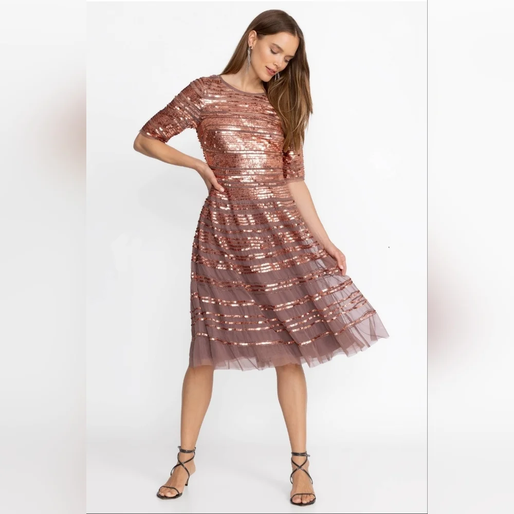 NWT Size 10 Johnny Was Sepia Beaded Sequin Midi Cocktail Dress - Picture 2 of 9